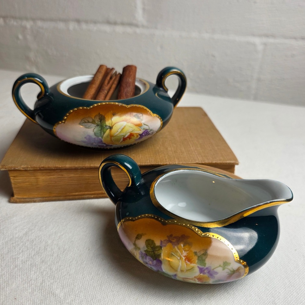 Vintage 1900s Bavaria Germany Hand Painted Floral Porcelain Creamer & Sugar Set